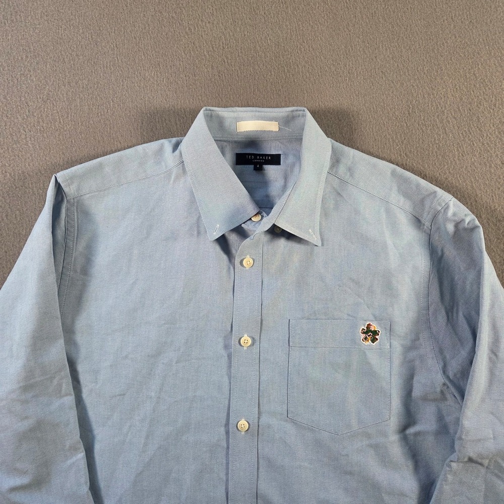 Ted Baker Shirt Mens 4 Large Blue Oxford Button Down Long Sleeve Flower Lyocell